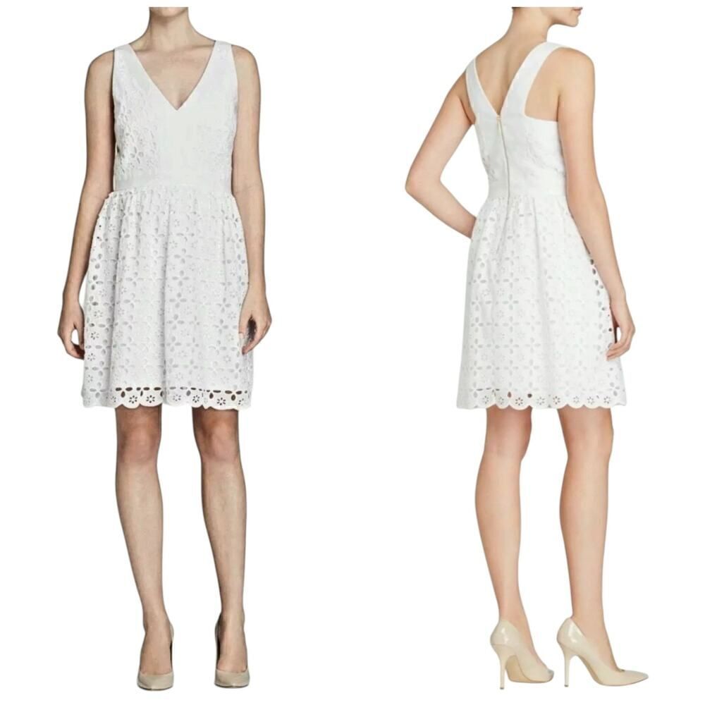 Laundry White V-Neck Low Back Eyelet Fit & Flare Knee Length Dress Size 4 - Picture 1 of 8